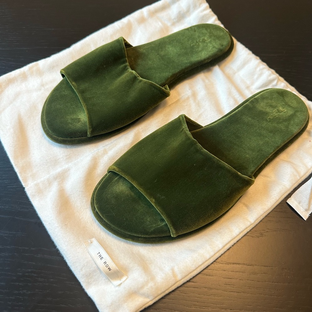 The Row Olive Green Velvet Slide Sandals